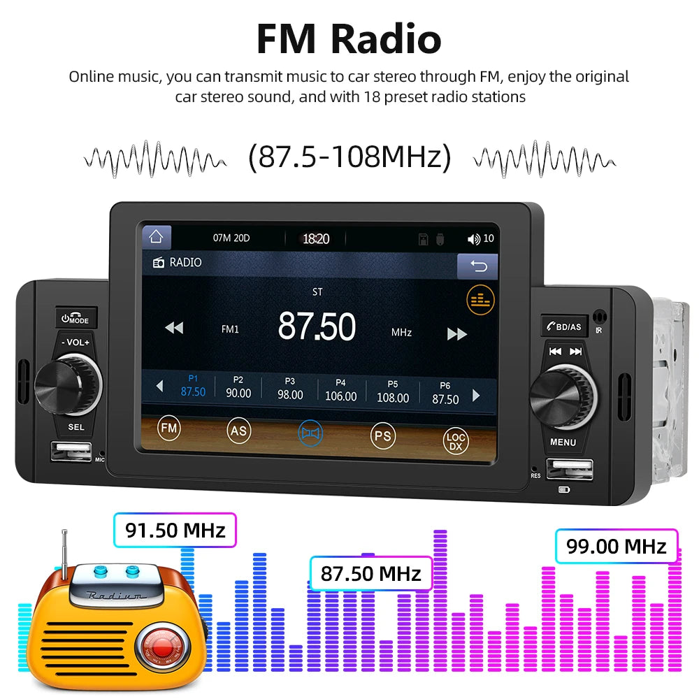 Podofo 1 din CarPlay Car Radio Universally 5inch Car Multimedia Player 1DIN FM Stereo Receiver For Suzuki Nissan Toyota KIA VW