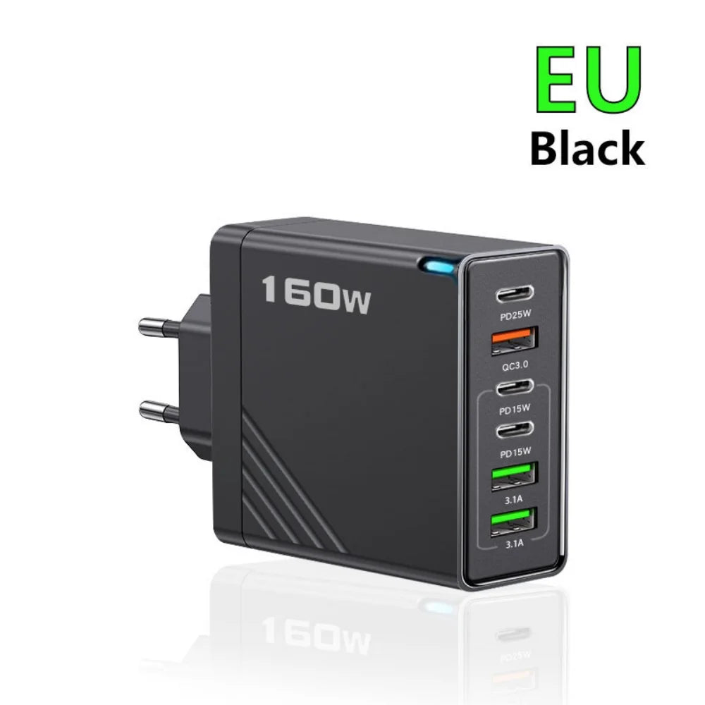 160W Multi Ports USB Charger Type C Fast Charging EU/US Plug Wall Charger For iPhone Samsung Xiaomi Huawei Phone Charger Adapter