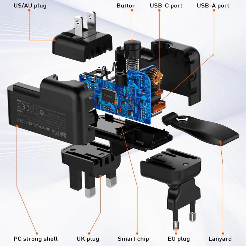 LDNIO GaN 65W Fast Charger Type C Universal Travel Adapter With US EU UK AUS Plug All-in-One Portable USB Charger For Travel