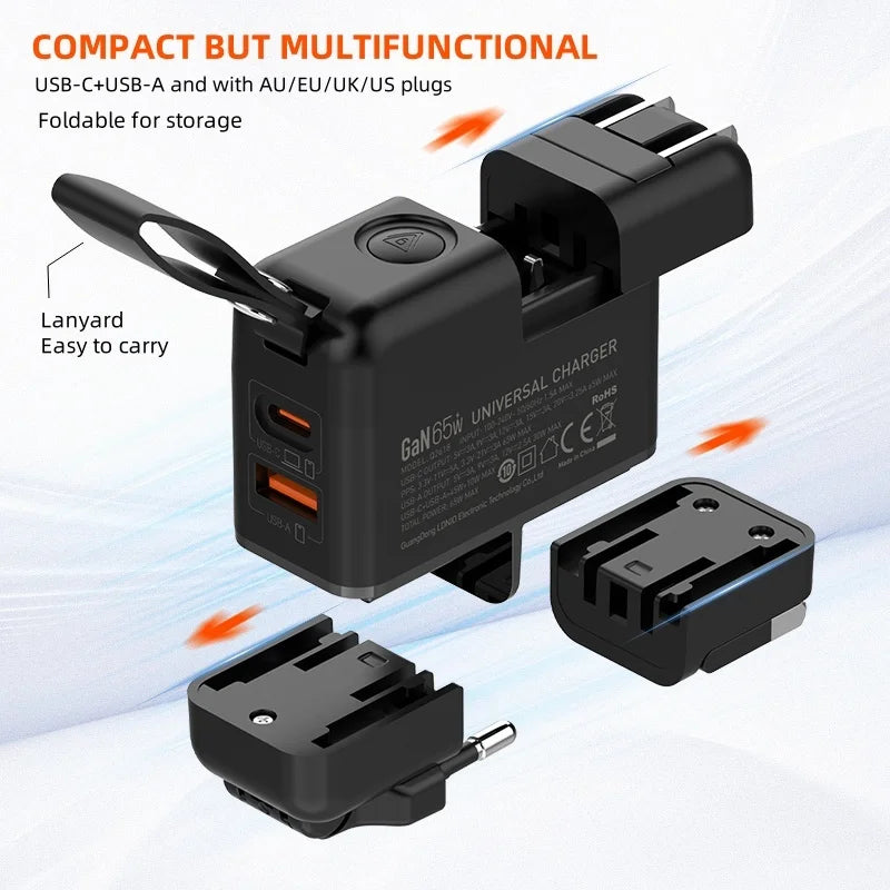 LDNIO GaN 65W Fast Charger Type C Universal Travel Adapter With US EU UK AUS Plug All-in-One Portable USB Charger For Travel