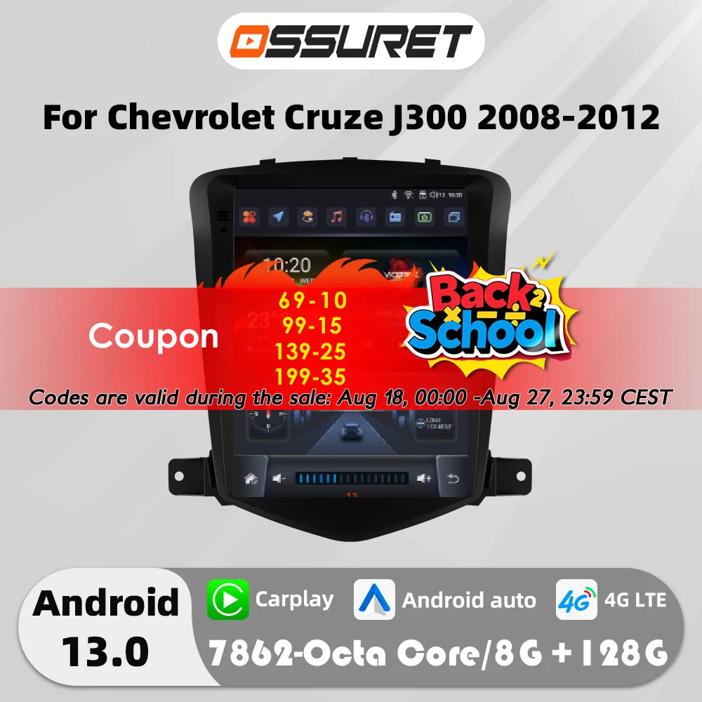 9.7"7862 Android 13 Car radio for Chevrolet Cruze J300 2008-2012 Tesla style Multimedia Video player 4G Carplay GPS navi Stereo