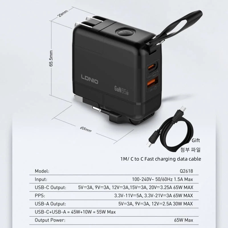 LDNIO GaN 65W Fast Charger Type C Universal Travel Adapter With US EU UK AUS Plug All-in-One Portable USB Charger For Travel