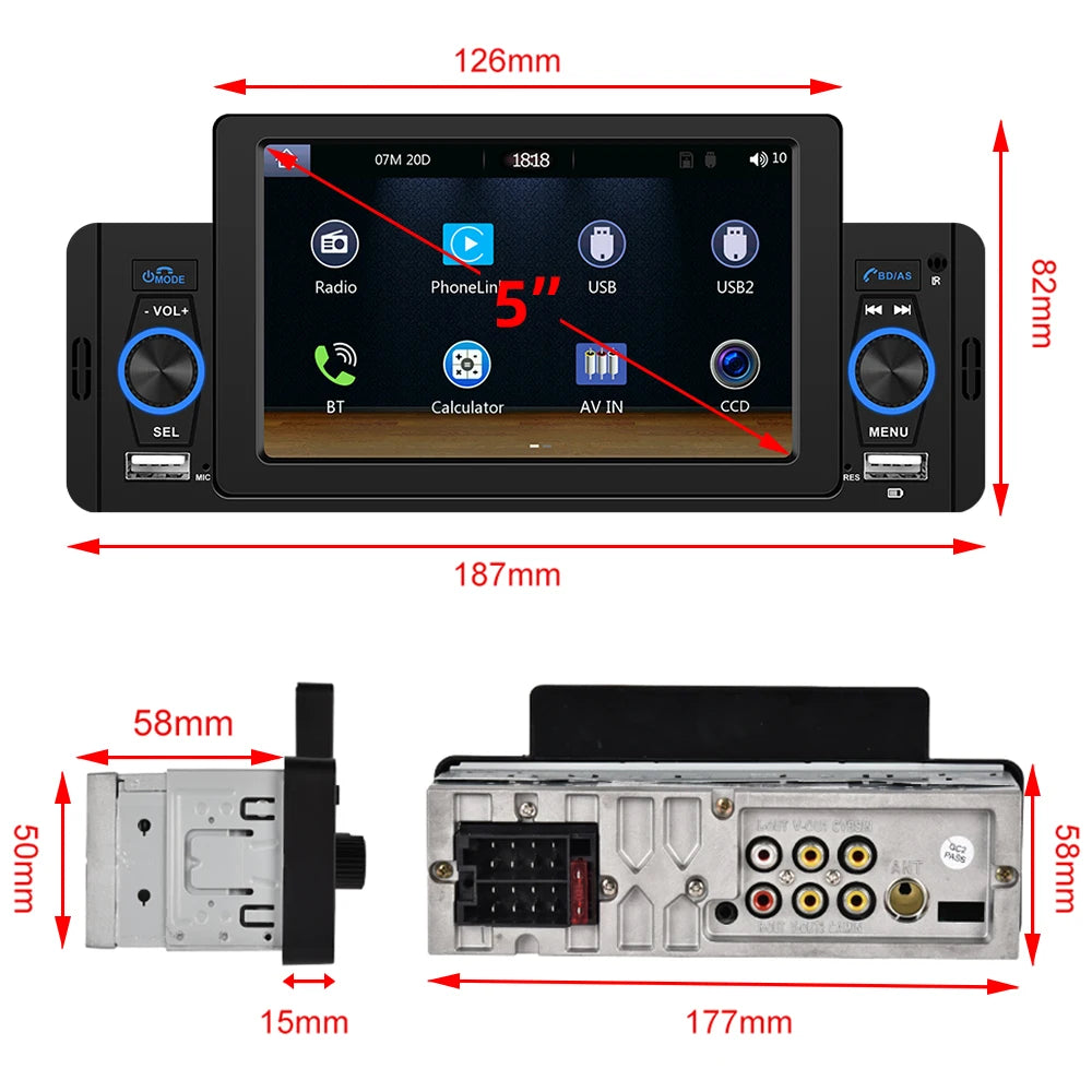 Podofo 1 din CarPlay Car Radio Universally 5inch Car Multimedia Player 1DIN FM Stereo Receiver For Suzuki Nissan Toyota KIA VW