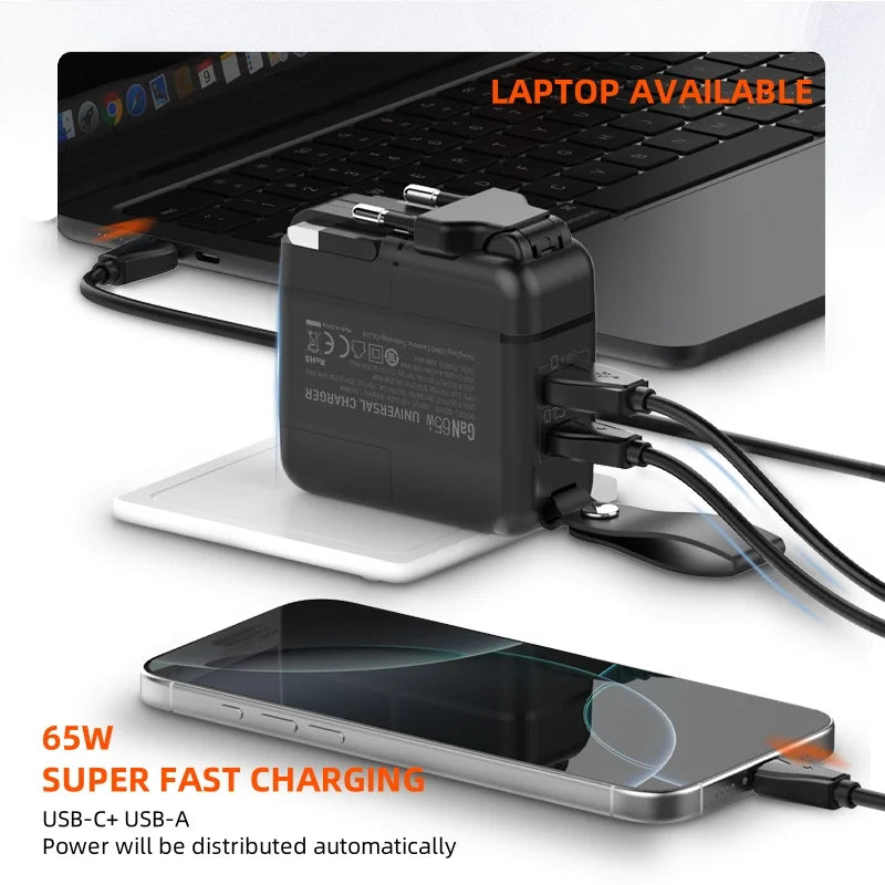 LDNIO GaN 65W Fast Charger Type C Universal Travel Adapter With US EU UK AUS Plug All-in-One Portable USB Charger For Travel