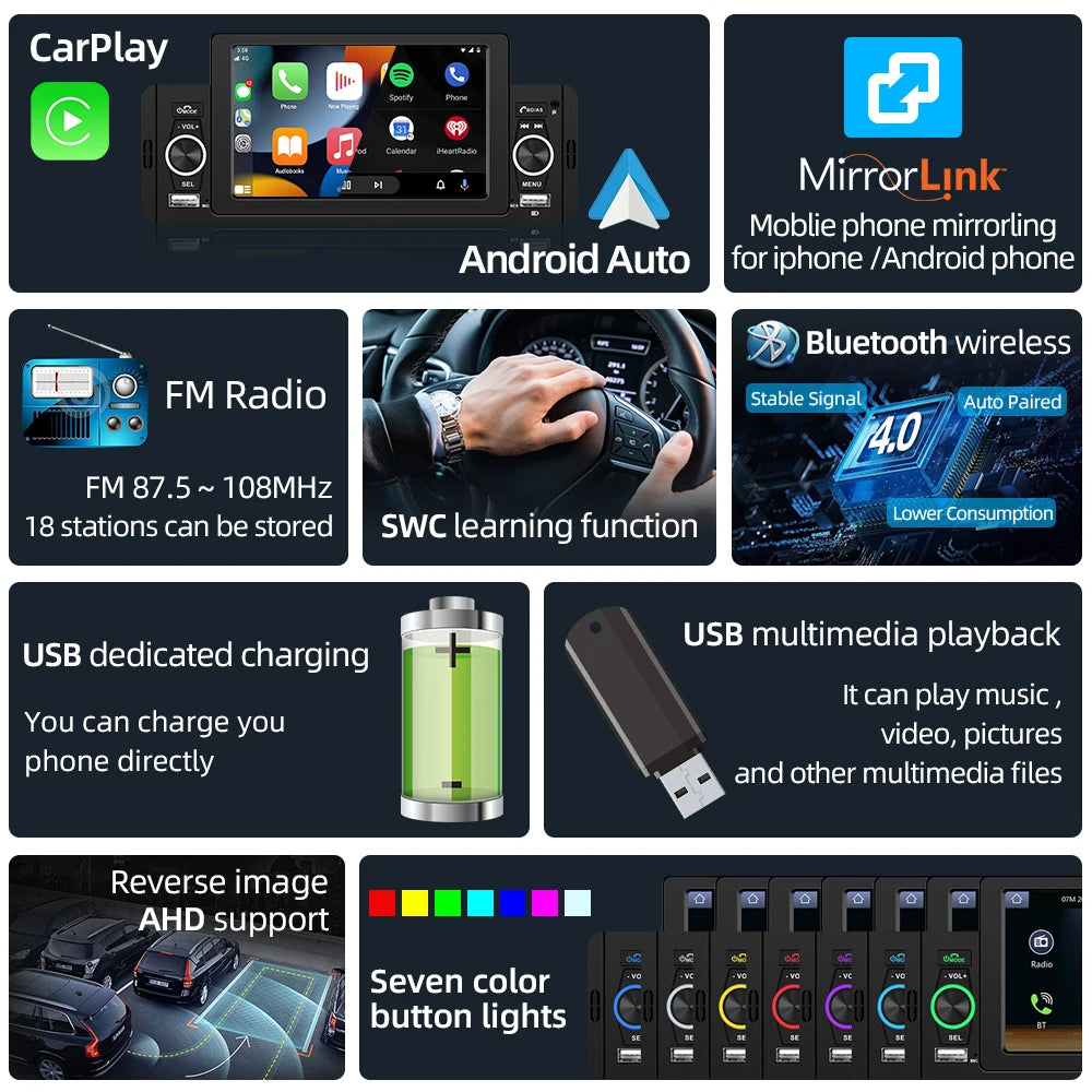 Podofo 1 din CarPlay Car Radio Universally 5inch Car Multimedia Player 1DIN FM Stereo Receiver For Suzuki Nissan Toyota KIA VW