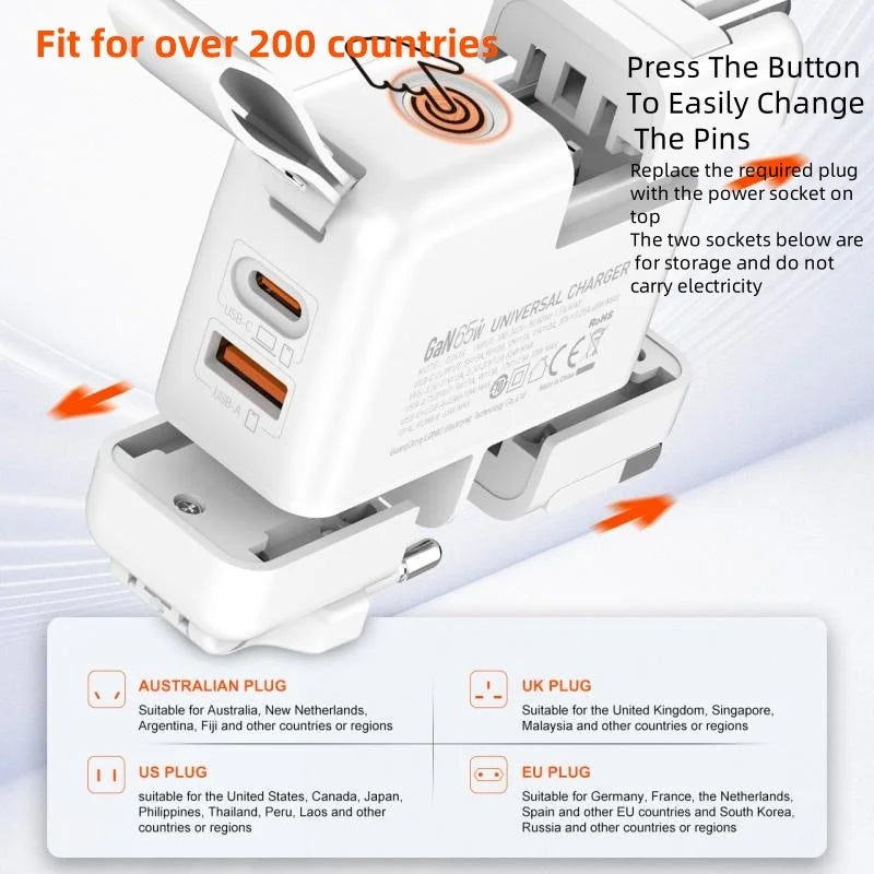 LDNIO GaN 65W Fast Charger Type C Universal Travel Adapter With US EU UK AUS Plug All-in-One Portable USB Charger For Travel