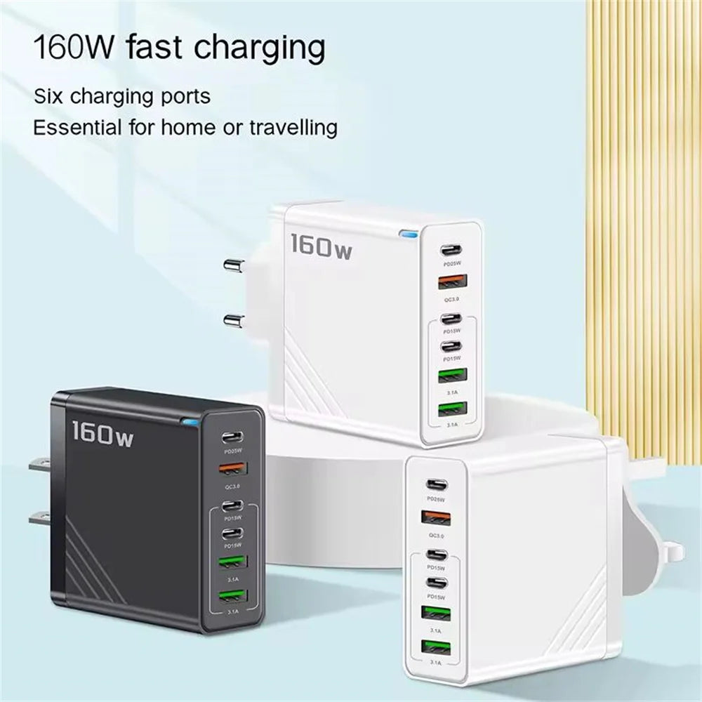 160W Multi Ports USB Charger Type C Fast Charging EU/US Plug Wall Charger For iPhone Samsung Xiaomi Huawei Phone Charger Adapter