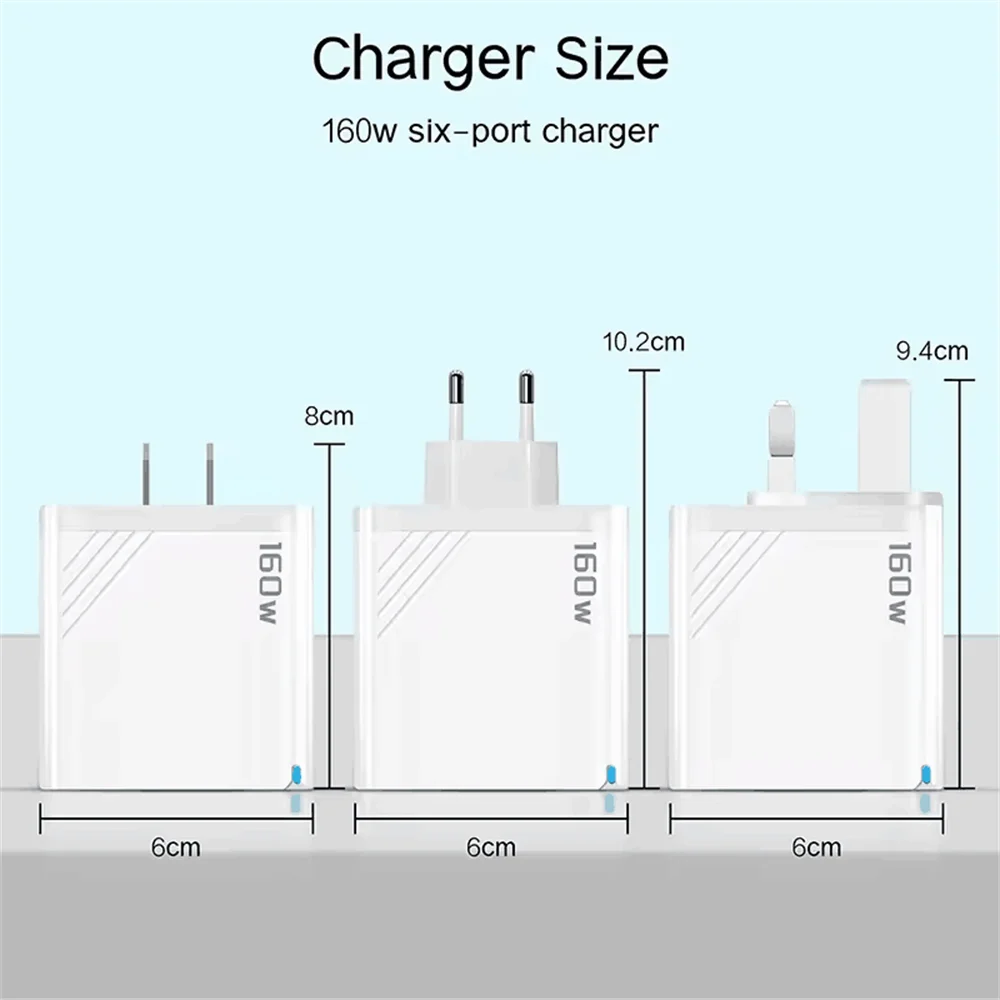 160W Multi Ports USB Charger Type C Fast Charging EU/US Plug Wall Charger For iPhone Samsung Xiaomi Huawei Phone Charger Adapter
