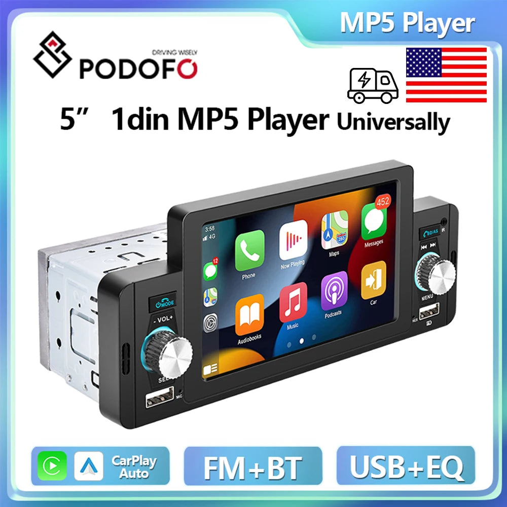 Podofo 1 din CarPlay Car Radio Universally 5inch Car Multimedia Player 1DIN FM Stereo Receiver For Suzuki Nissan Toyota KIA VW